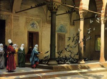 讓 萊昂 傑羅姆 Harem Women Feeding Pigeons in a Courtyard